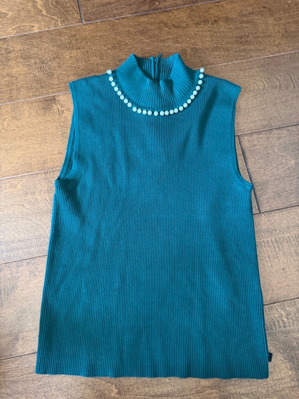 Karl Lagerfeld Teal Ribbed Sleeveless Mock Neck Top with Pearl Trim